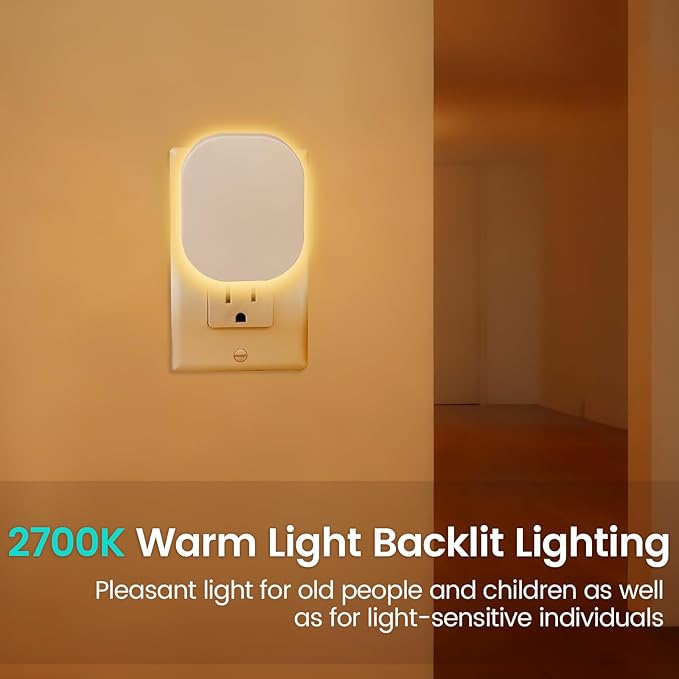 Plug-in LED Backlit Night Light with Motion Sensor & Dusk to Dawn Sensor, 2700K Soft Warm White Nightlight with Dimmable Brightness for Adults & Kids' Bedroom, Bathroom, Hallway, 2 Pack