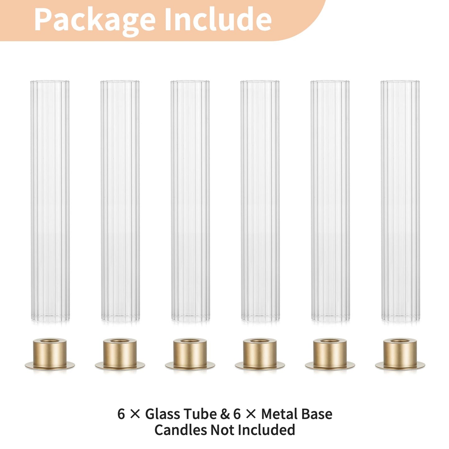 NUPTIO Candlestick Holder with Fluted Hurricane: Set of 6 Metal Candle Holders with Glass Cylinders - Gold Taper Candleholders for Birthday Valentine Wedding Table Centerpiece Outdoor Decor