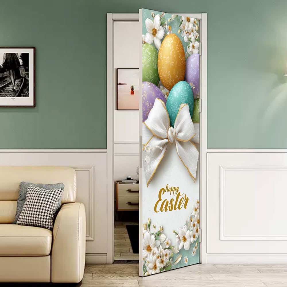 WDESYADMS Door Stickers 30.3x78.7 Inch PVC Easter Egg Floral Design Peel and Stick Decorative Door Cover for Home Entryway Bedroom Apartment Hallway Adds Seasonal Charm and Simple Festive Update