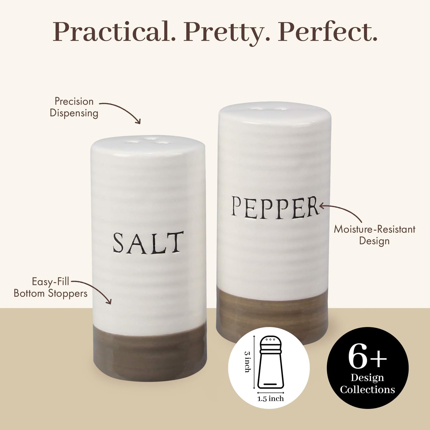Young's Inc. Farmhouse Mini Ceramic Salt and Pepper Shaker Set - Cute Kitchen Table Accessories and Decor, Small 3-Inch Modern White Rustic Dining Table Decor for Everyday Dining and Gift Giving
