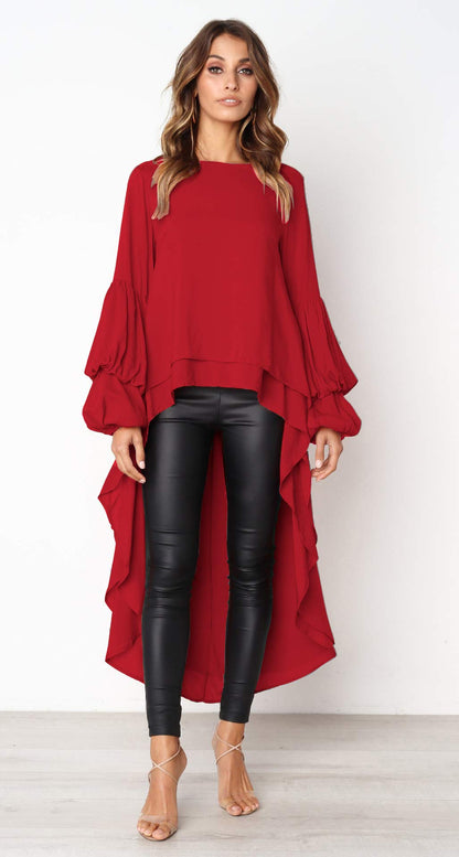 PRETTYGARDEN Women's Lantern Long Sleeve Round Neck High Low Asymmetrical Irregular Hem Casual Tops Blouse Shirt Dress (Red,Medium)
