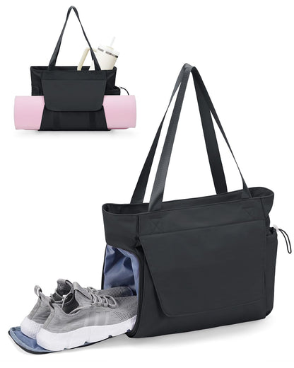 sportsnew Gym Bag for Women, 19L Yoga Mat Bag with Shoe Compartment & Wet Dry Pocket, Gym Tote Bag with Hook-and-loop Yoga Mat Holder, Quick Access Storage, for Workout Travel Pilates Dance