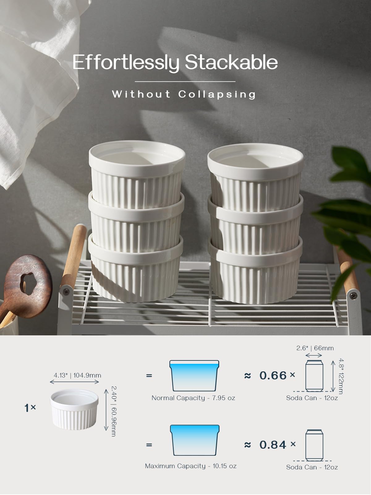 DOWAN Ramekins 10 oz Oven Safe for Creme Brulee, Porcelain Souffle Dishes, Ramekin for Baking, Small Dessert Bowls Dipping Sauce Cups, Set of 6, Soft White