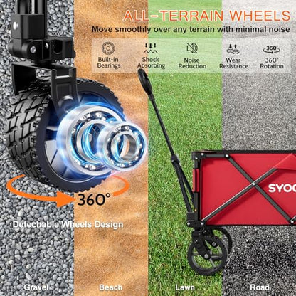 SYOCYO Collapsible Folding Wagon Cart, Heavy Duty Wagon Foldable with 330lbs Weight Capacity, Utility Garden Cart, Beach Wagons with All-Terrain Wheels for Camping, Sports, Shopping, Red
