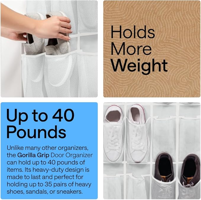 GORILLA GRIP Over the Door Shoe Organizer, 35 Large Breathable Mesh Pockets