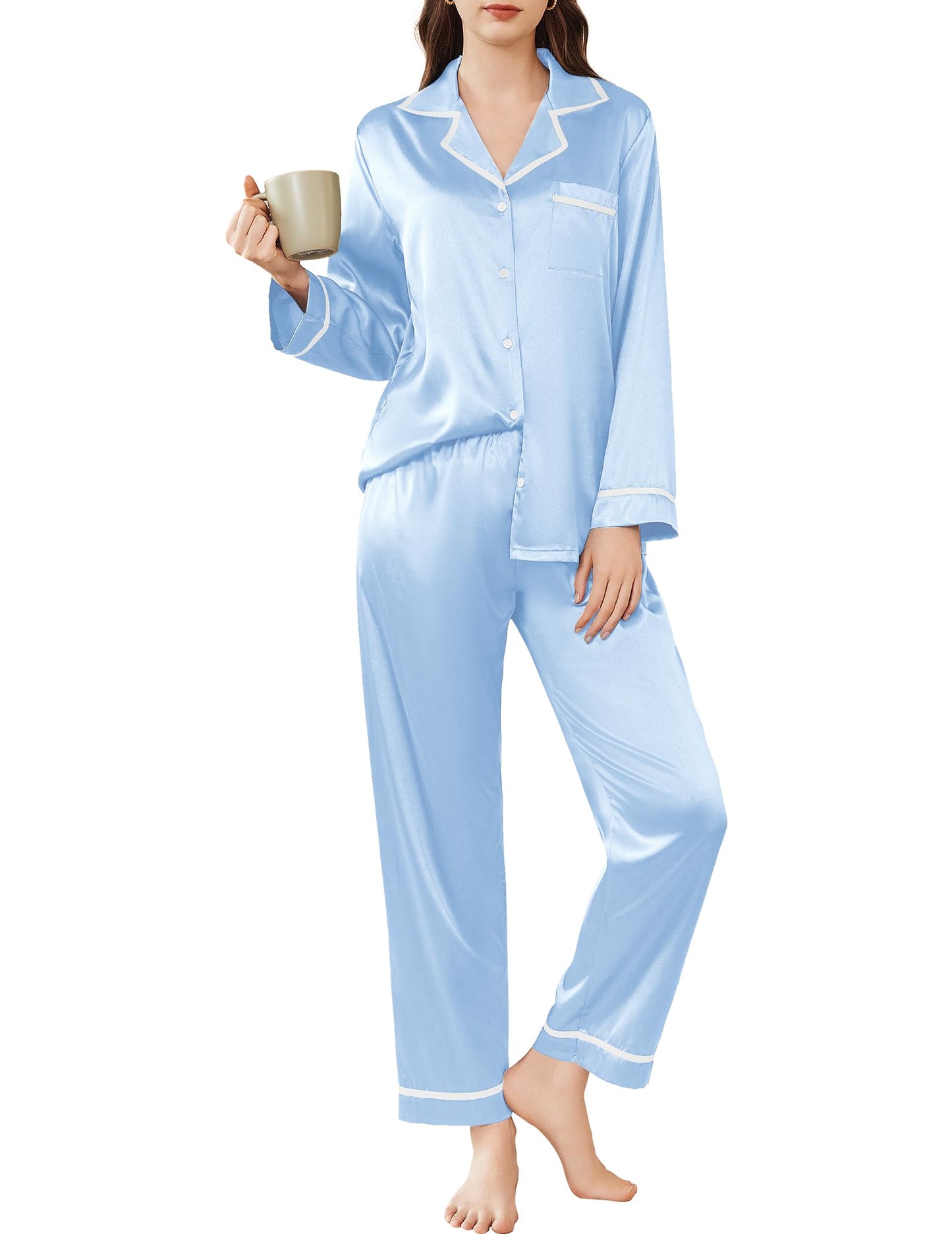 Ekouaer Satin Pajamas Set for Women Long Sleeve Pants Pj 2 Piece Lounge Set