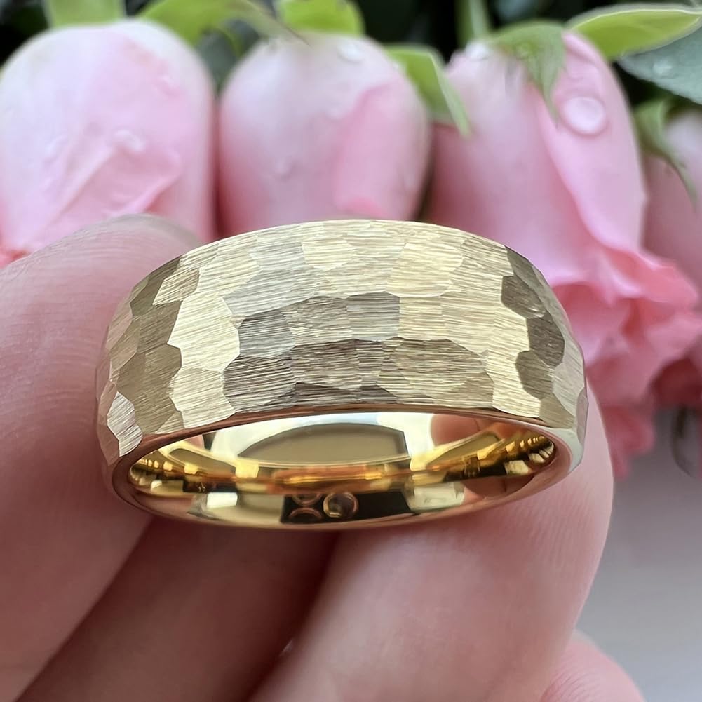 TUTISS 8mm Gold Hammered Tungsten Rings for Men Women Engagement Wedding Bands Domed Matte Finish Comfort Fit Size 15