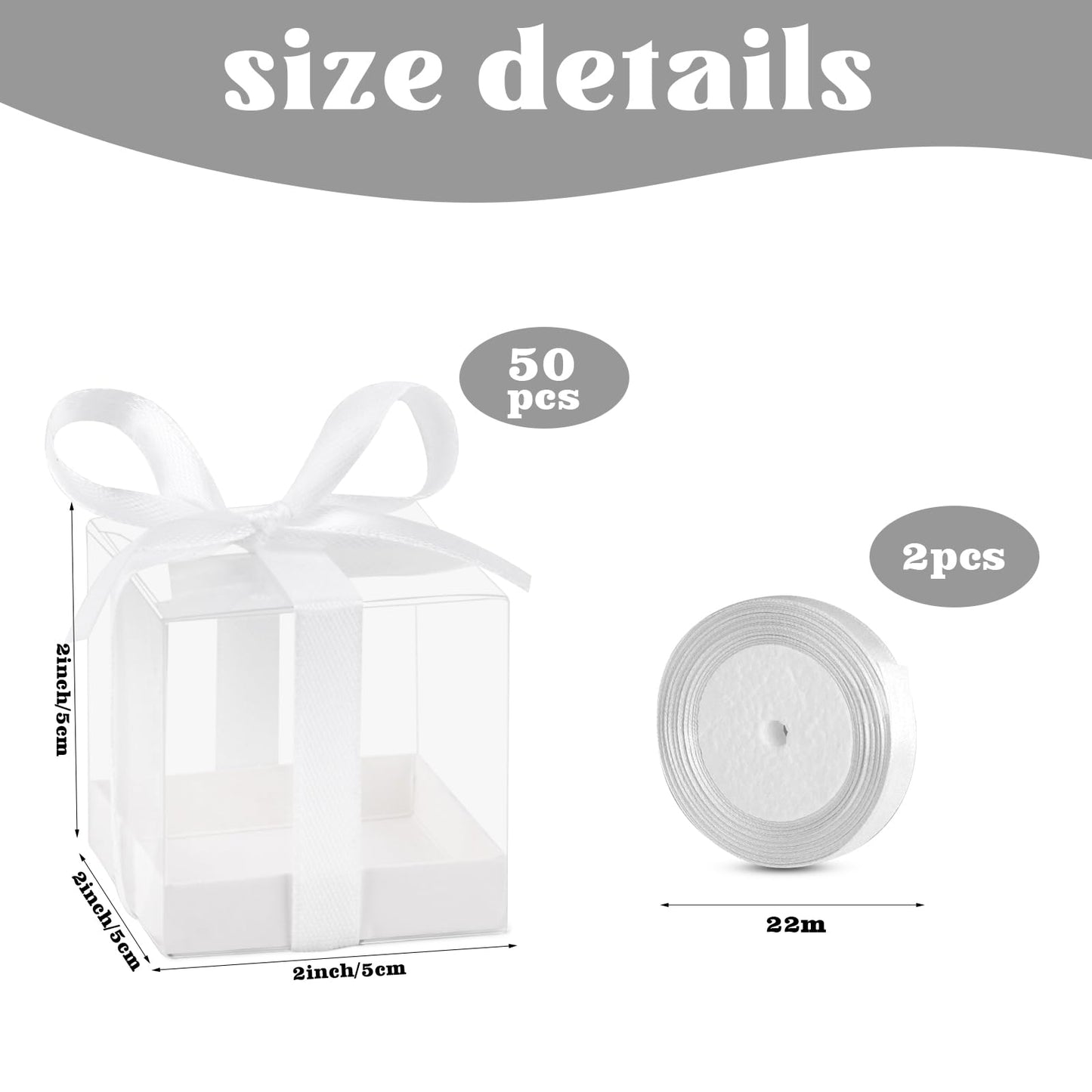 Hxezoc 50 Pack Favor Boxes, 2x2x2 Inches Clear Candy Treat Boxes with White Ribbons, Mini Plastic Gift Boxes for Wedding, Birthday Party, Baby Shower, Classroom Decoration Supplies