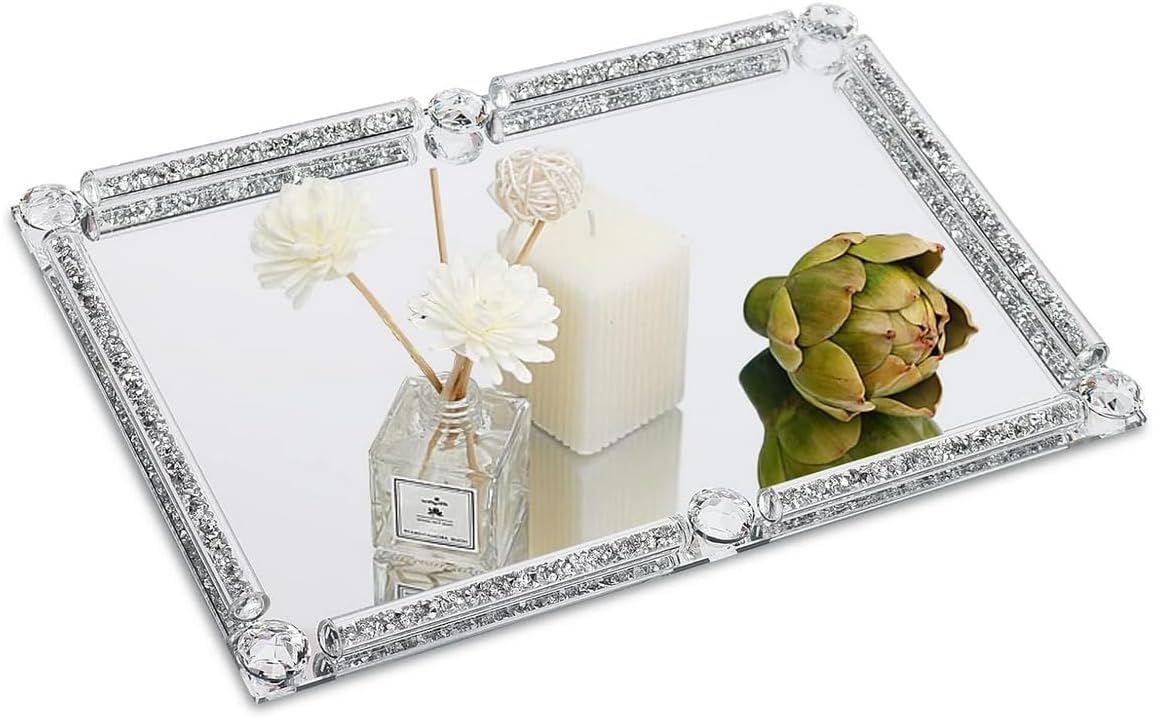 Large Crystal Perfume Tray, 15.7" x 11.8" Silver Glass Mirror Vanity Tray Noble Jewelry Trinket Display Tray for Desser Crushed Diamond Home Decor Cosmetics Makeup Organizer Serving Trays for Party