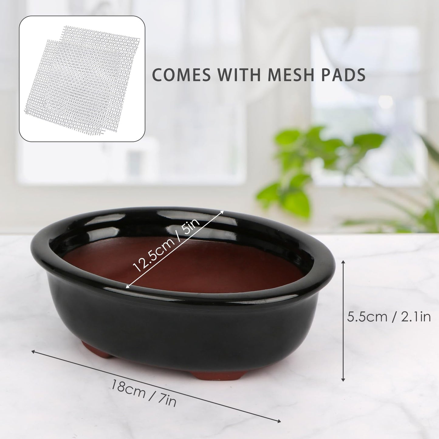 Set of 2 Zisha Ceramic Bonsai Pot, Glazed Shallow Succulent Planter Black