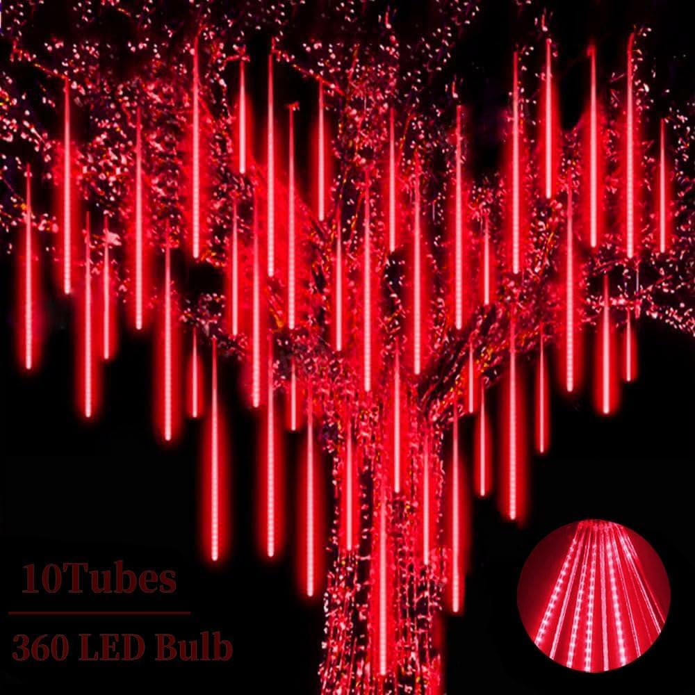 Roytong Christmas Red Meteor Shower Lights Outdoor - 12 Inch 10 Tube 360 LED High Brightness Falling Rain Icicle Cascading Lights for Xmas Halloween Tree Eaves Patio Decor (Can Connect 100 Sets)