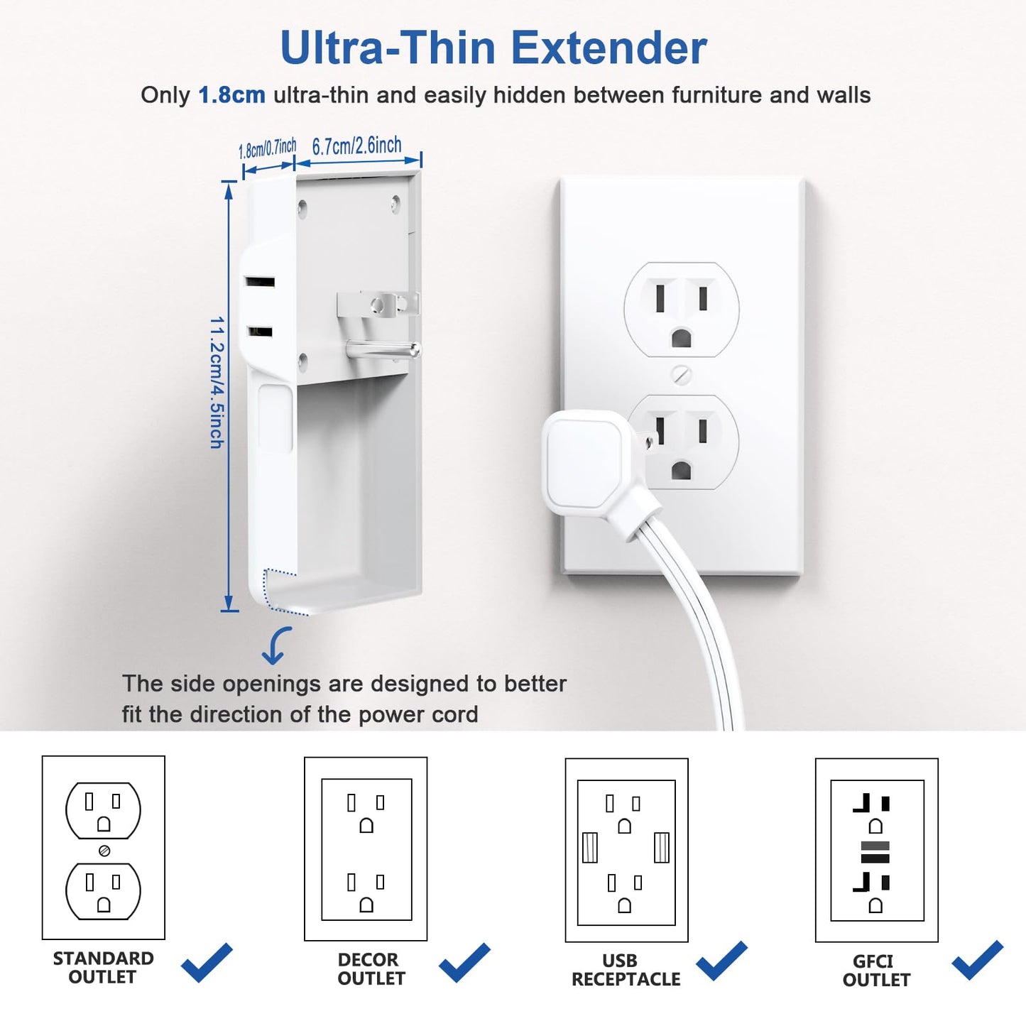 Flat Plug Power Strip Surge Protector, 5ft Ultra Thin Extension Cord with 4 USB Wall Charger(2 USB C Port), 6 Widely-Spaced Outlets Power Strip Compact for Travel, Office, Dorm Room Essentials (White)