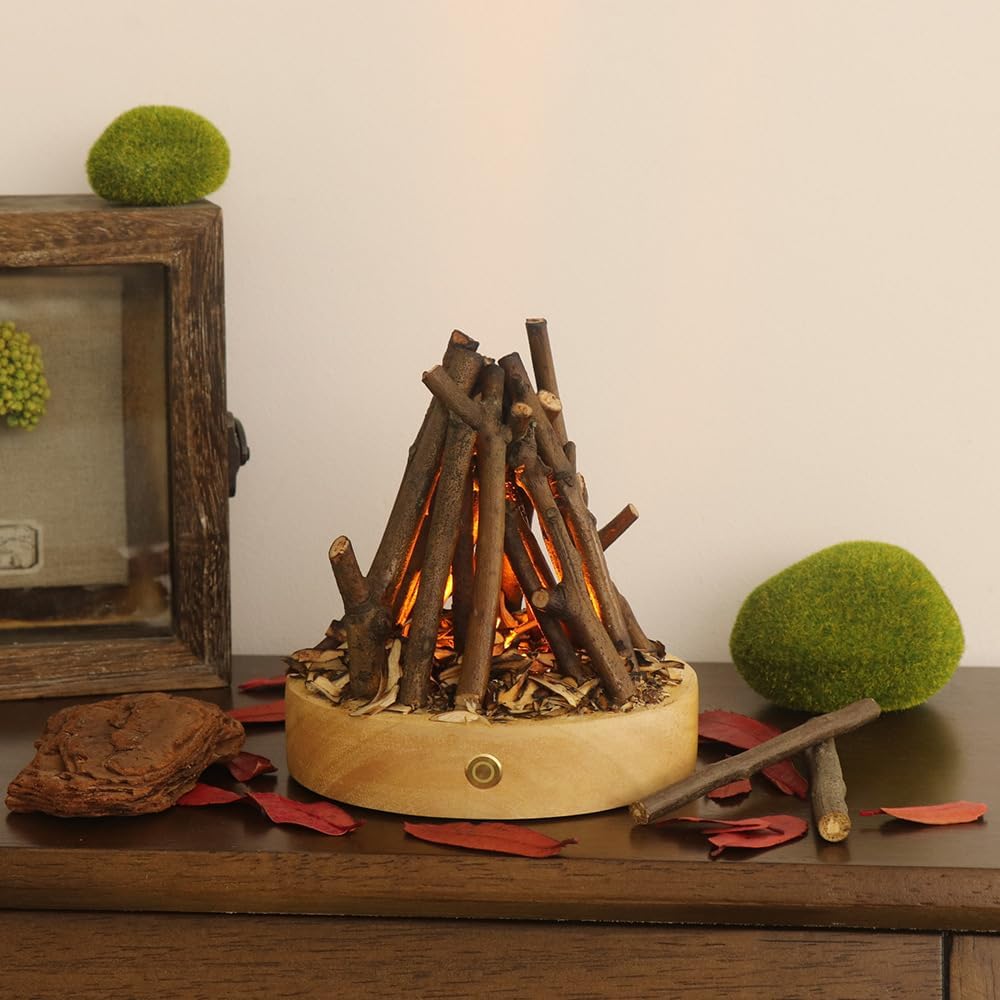 Zsiey Handmade Wooden Simulated Bonfire Lights, Desktop Decorative Halo Lights, Creative Log Bonfire Night Lights USB Charging flameless Candles Three Modes LED Flashing Breath Flame (Art Deco)