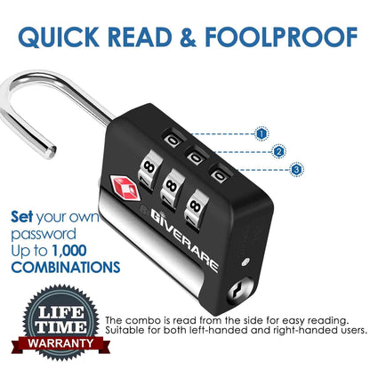 2 Pack TSA Approved Travel Luggage Locks, Suitcase Metal Combination Lock, Alloy Keyless 3-Digit Zipper Padlocks, TSA Accepted Compatible Padlock for Gym Locker, Golf Bag Case, Backpack-Black