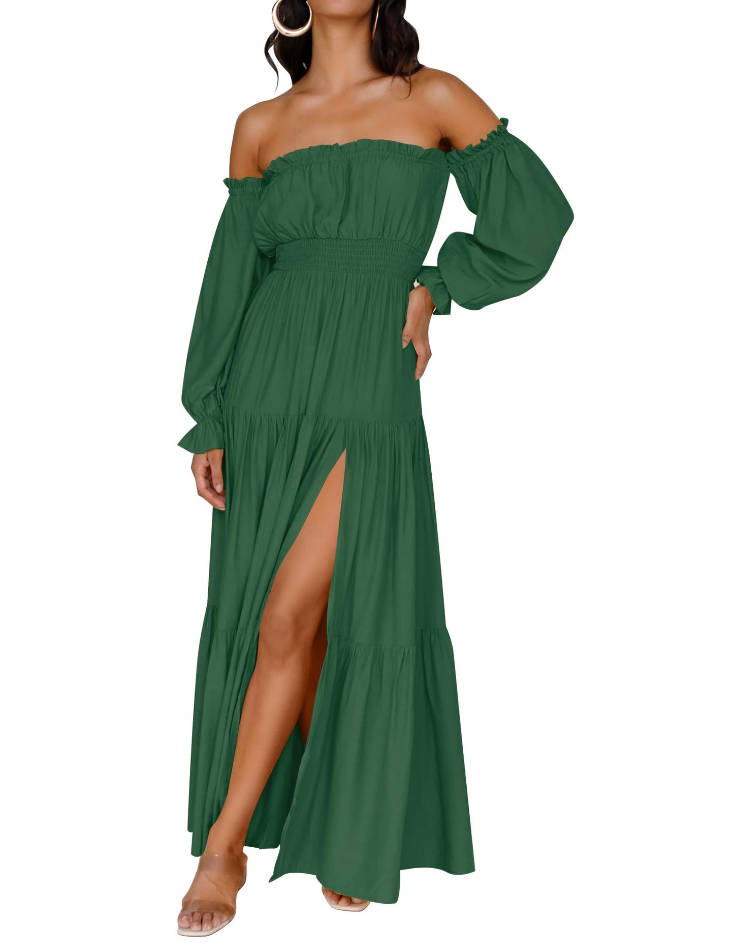 ZESICA Women's 2025 Boho Sexy Off Shoulder Long Sleeve Smocked High Waist Side Split Flowy A Line Tiered Long Maxi Dress