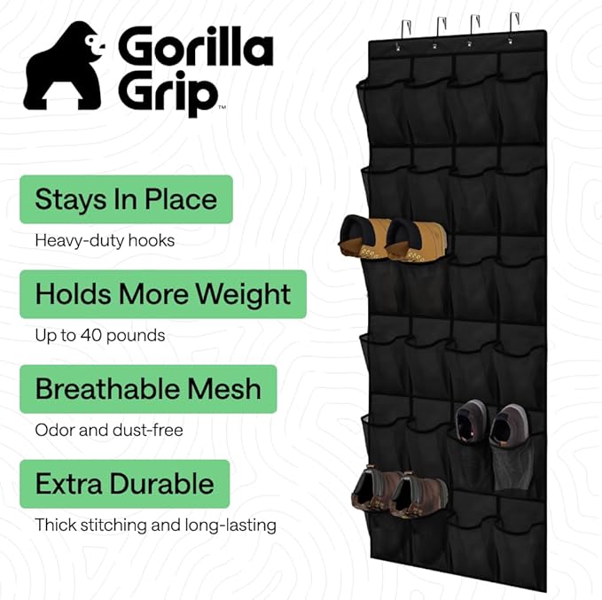 GORILLA GRIP Over the Door Shoe Organizer, 24 Extra Large Breathable Mesh