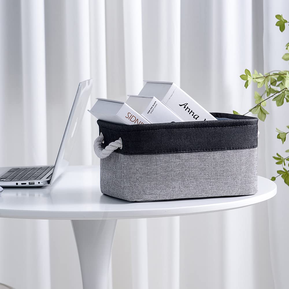 TheWarmHome Storage Basket for Organizing - 14x10x7 inch Medium 3 Pack Collapsible Storage Bin for Shelves with Rope, Fabric Storage Cubes for Organizer Cloth Gift Toy Closet (Black & Grey)