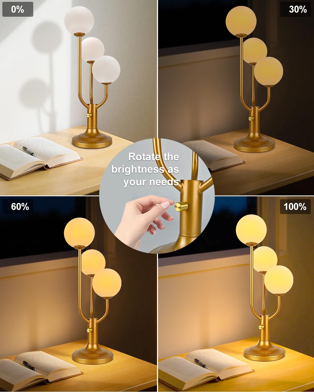 ACOHOOK Modern Gold Globe Table Lamp Dimmable Mid Century 3-Light Desk Lamp 3000K Warmwhite Nightstand Lamp for Bedroom Bedside End Table(G9 Bulb Included)