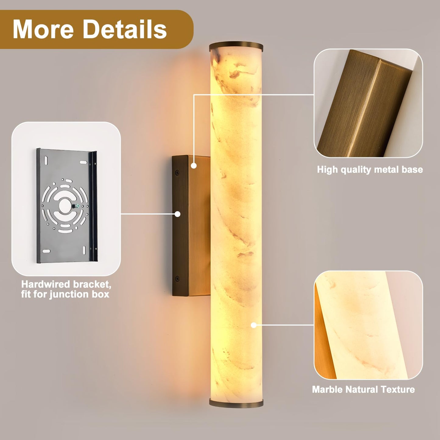 Alabaster Wall Sconces, 20" Brass Wall Sconce, Cylinder Natural Marble Sconces Wall Lighting, Modern Stepless Dimmable Sconces Lighting for Bathroom Living Room Bedroom Stairs Hallway