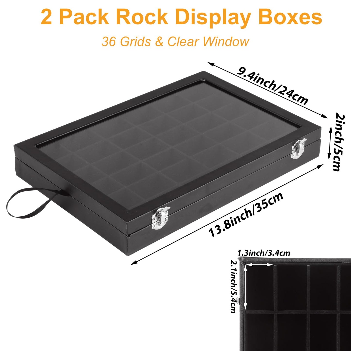 Acrux7 2 Pack Rock Collection Display Case, 36 Grid Rock Display Case, Black PU Leather Rocks Collection Box with Clear Glass Lid and Soft Velvet Grids for Collectibles, Gemstone, Crystal, Small Stone