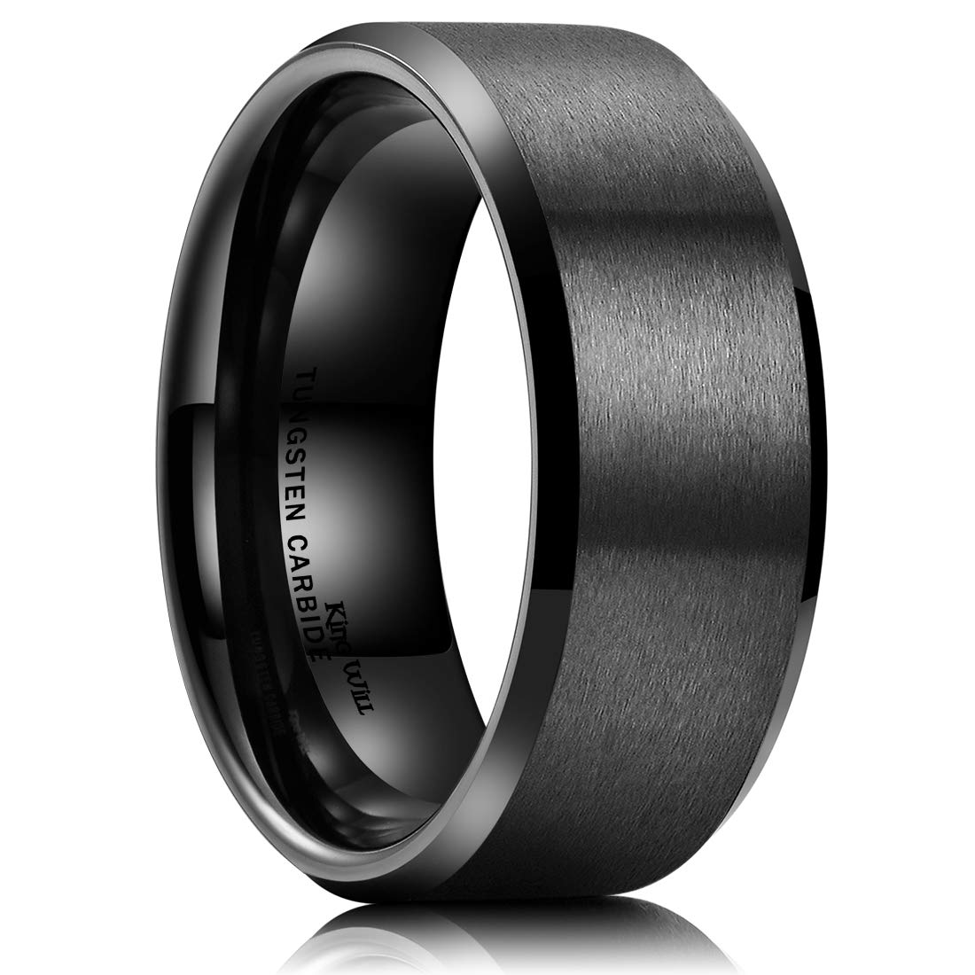King Will 9mm Men's Black Wedding Ring - Brushed Matte Surface, Beveled Polished Edge, Comfort Fit Size 11