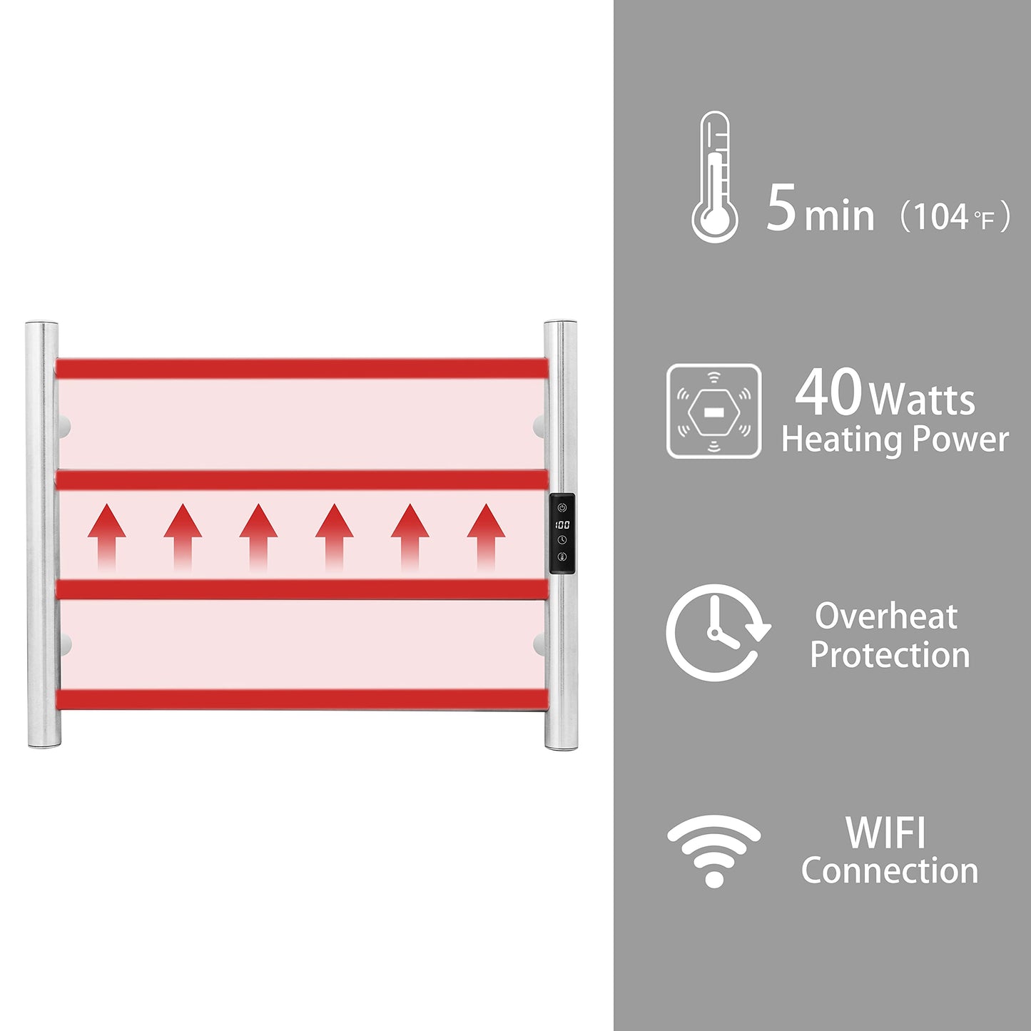 KEG Towel Warmer 8 Bars for Bathroom Freestanding or Wall Mounted Bath Towel Heater Plug-in with Built-in Timer Silver