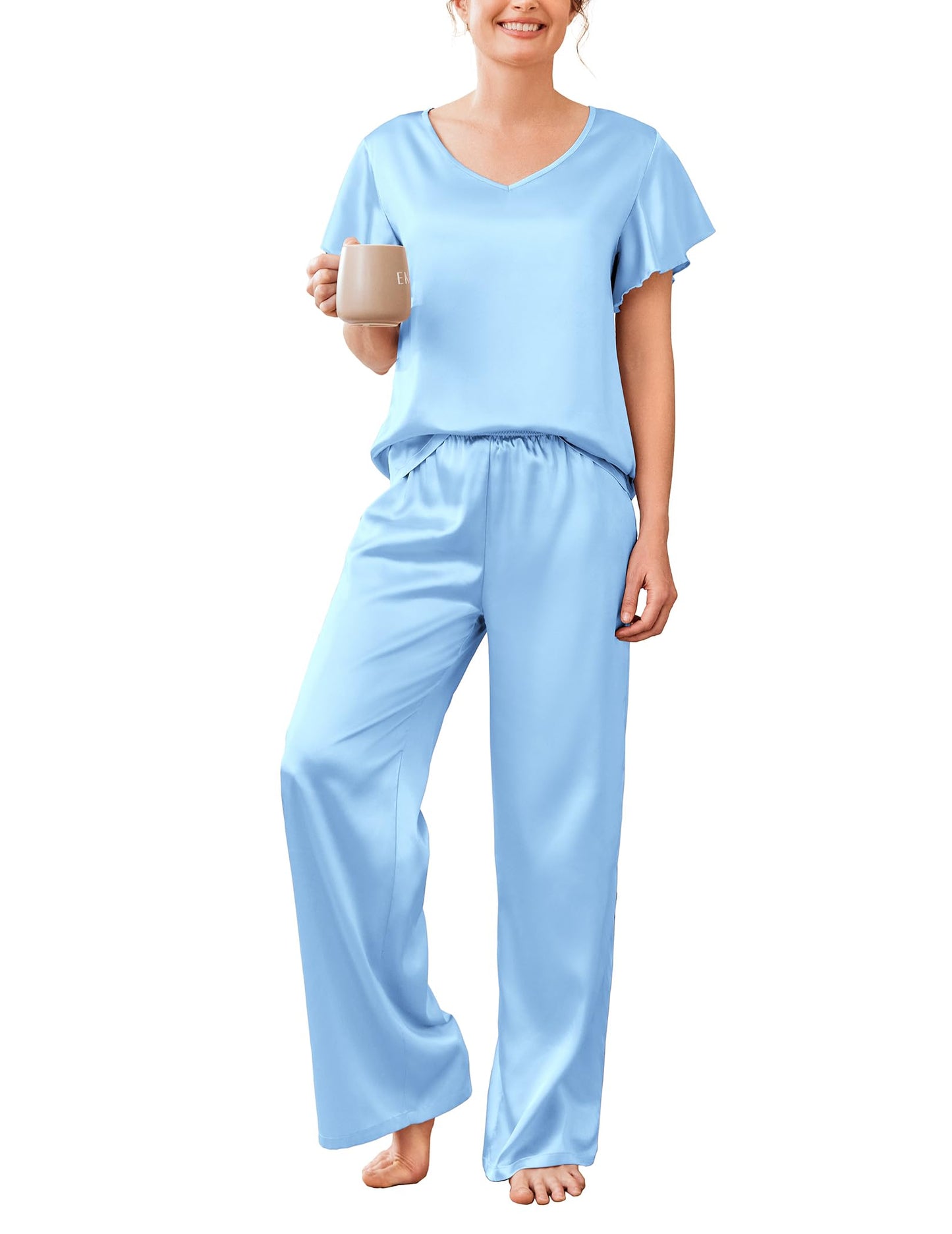 Ekouaer Women's Satin Silky Pajama Set 2 Piece Short Sleeve Shirt with Long Pants Pjs Sets Soft PJ Loungewear S-XXL