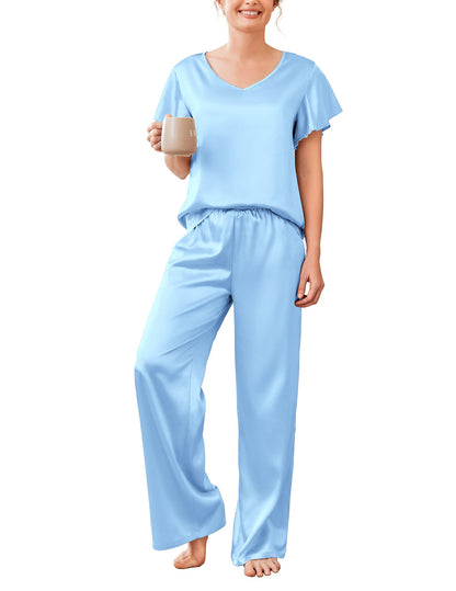 Ekouaer Women's Satin Silky Pajama Set 2 Piece Short Sleeve Shirt with Long Pants Pjs Sets Soft PJ Loungewear S-XXL