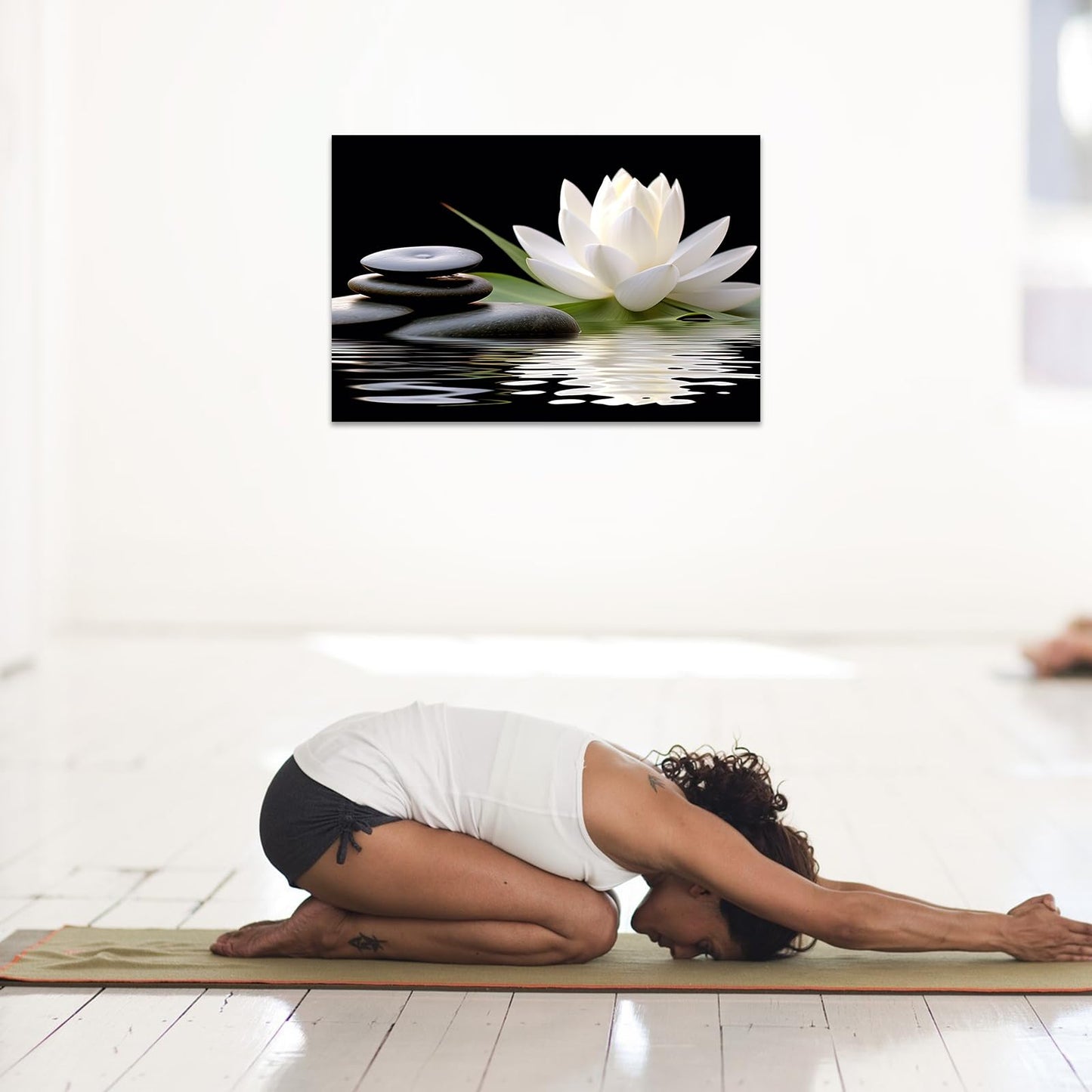 CCWACPP Zen Canvas Wall Art White Lotus Bloom in Water Picture Flowers Stone Spa Painting for Yoga Meditation Room Bathroom Prints Wall Decor Frame (Zen - 2, 16x24inch)