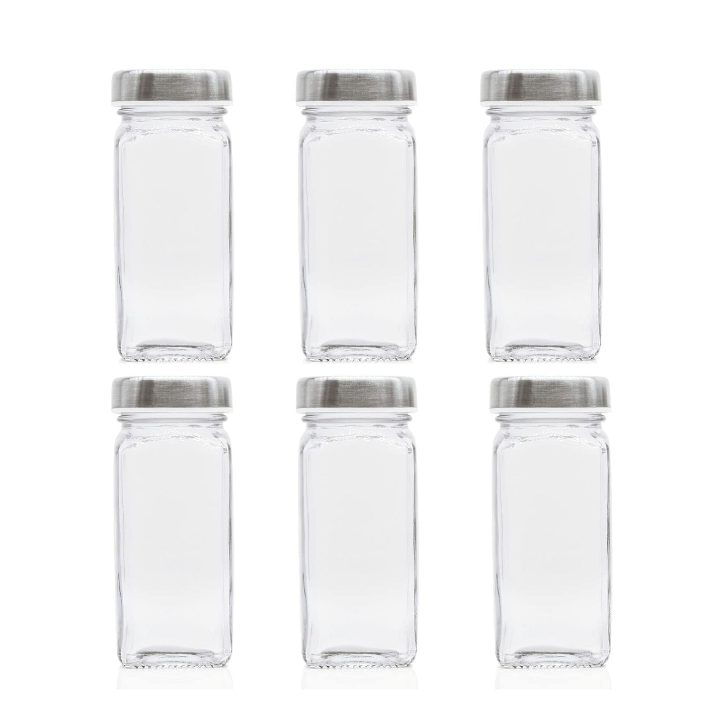 Tianifa 6pcs Spice Jars, 4 oz Glass Seasoning Bottles, Spices Container, Empty Spice Jars, Square Spice Bottles with Airtight Stainless Steel Caps with Shaker Lid