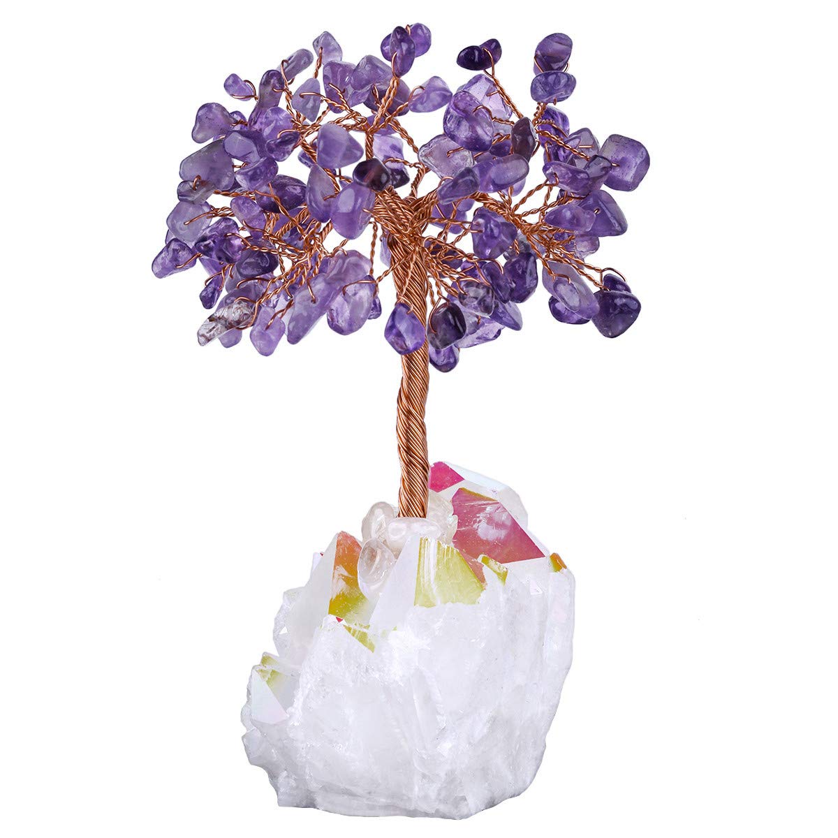 TUMBEELLUWA Healing Crystal Stone Money Tree with White AB Crystal Base Tumbled Stones Bonsai Home & Office Feng Shui Decor for Good Luck and Wealth, Amethyst