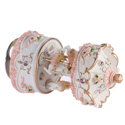 Carousel Music Boxes for Girls 3-Horse Rotating Windup Melody Castle in The Sky Color Change LED Lights Musical Gift for Daughter Birthday Christmas Festival Music Box Artware Pink