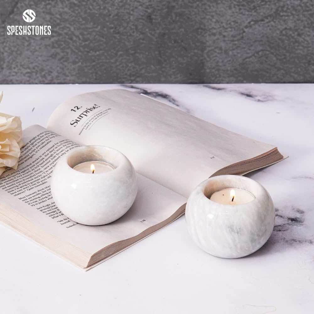 SPESHSTONES Marble Tealight Candle Holder 3.5 Inch White Gifts, Stone Holders for Votive Candles & Small Tea Lights Set of 2 for Birthday, Wedding Decorations
