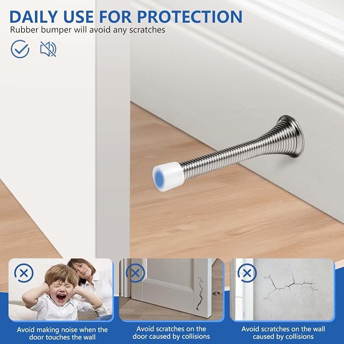 KISEER 24 Pack Spring Door Stops 3 1/4 Inch Flexible Heavy Duty Spring Door Stopper with RustProof Screw Rubber Bumper Tips (Satin Nickel)