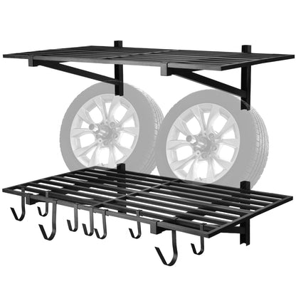 BTRAM 2 Pack Heavy Duty Garage Wall Shelving, 2' x 4' wall mount storage shelf, Holds 200 lbs Each, Garage Shelving Wall Mounted, Storage Rack with Hooks (Black)