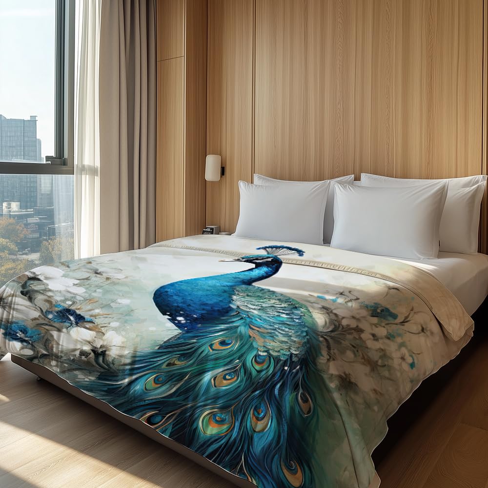 HUNXIAOJ Peacock Throw Blanket Peacock Themed Decor Animal Print Blanket King Size Soft Warm Flannel for Sofa Bed (30 in x 40 in)
