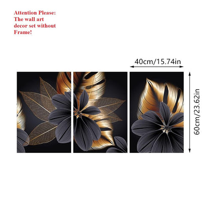 ConBlom Set of 3 Canvas Wall Art Painting - Modern Abstract Black Golden Leaf Plant Nordic Decorative Artwork for Bedroom Kitchen Living Room Home Decor (40 x 60cm- No Frame)