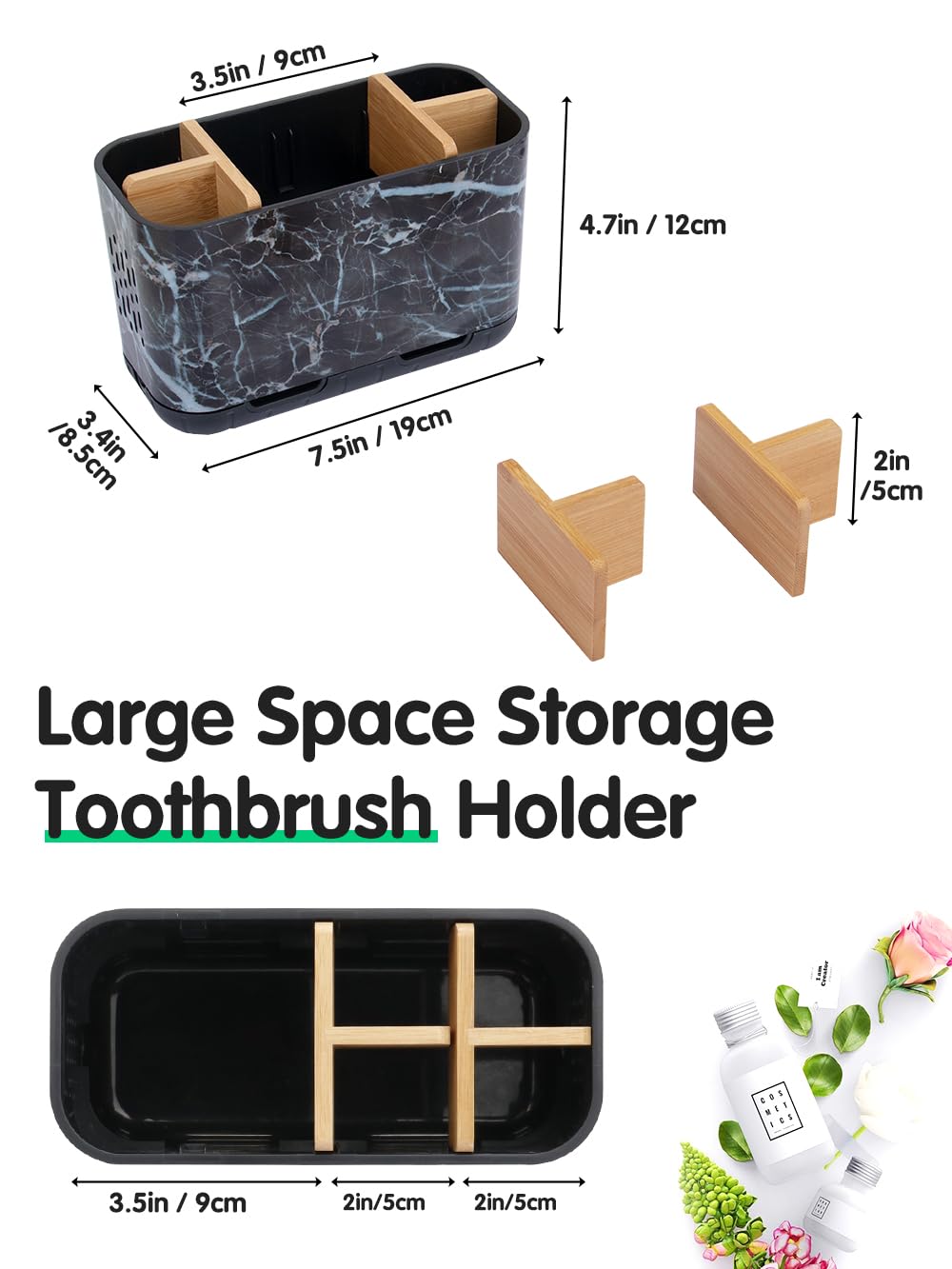 GFWARE Marble Toothbrush Holders, 5 Slots Bamboo Toothbrush and Toothpaste Holder for Bathroom Counter with Drainage, Kids Electric Toothbrush Organizer, Black Toothbrush Holders for Bathrooms