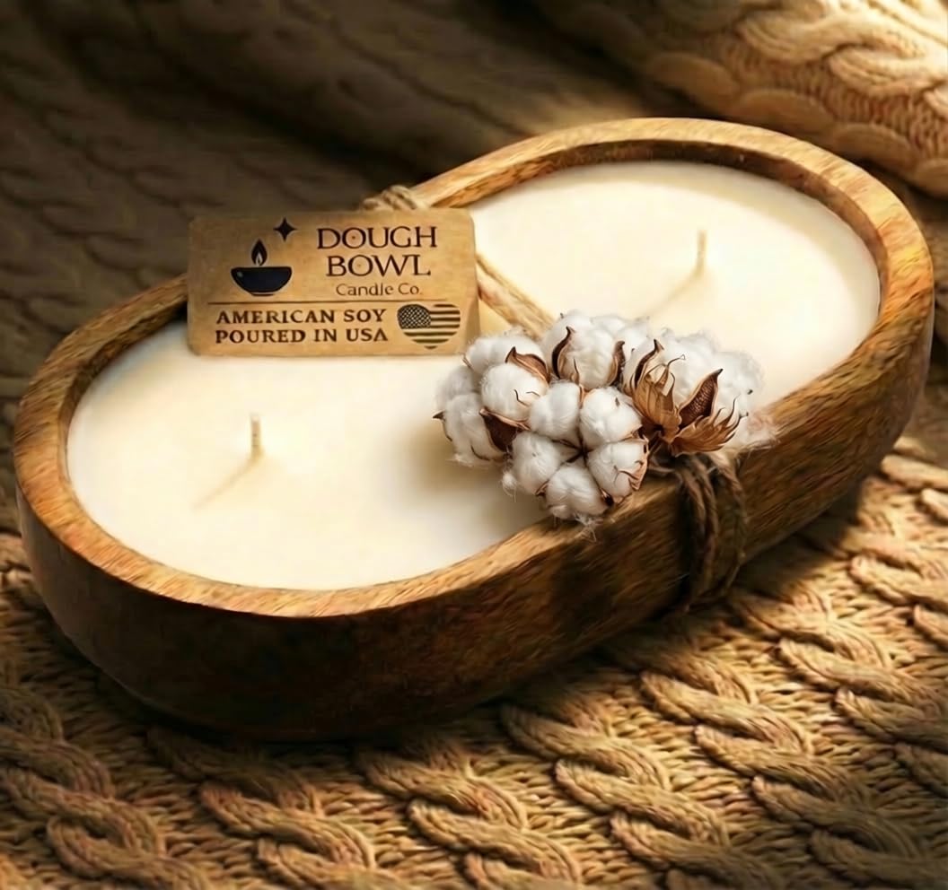 Dough Bowl Candle Co. Fresh Linen Candle for Women or Men - 10x6 3 Wick Scented Candles for Home, Mango Wood Large Luxury Soy Candles with Scented Wax, Long Burning 40H Burn Time for Spring or Summer