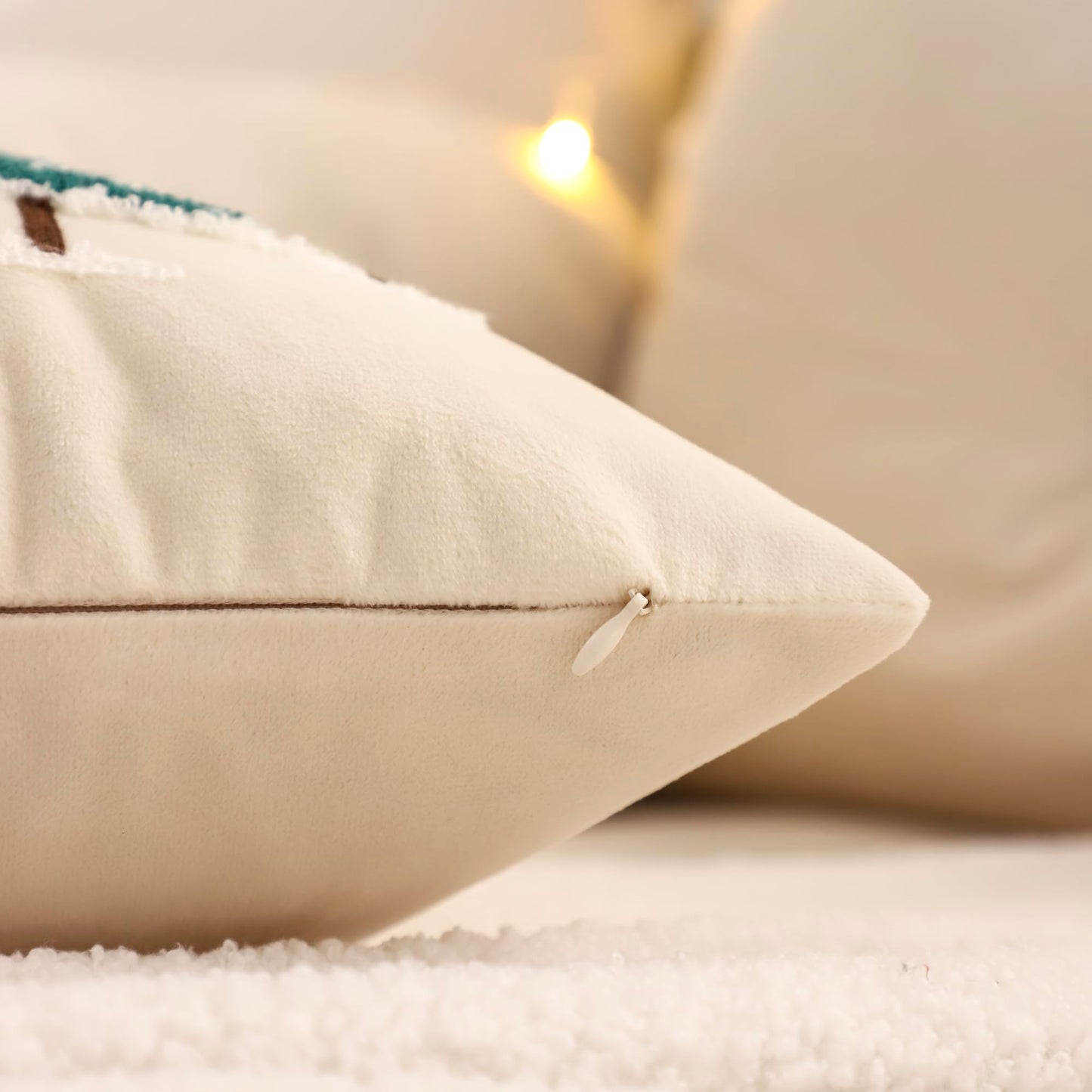 LUOYEHK Christmas Pillow Covers 18x18 Set of 2 House and Deer Decorative Beige Pillow Cases Winter Holiday Velvet Embroidered Cushion Covers for Couch Sofa Bed