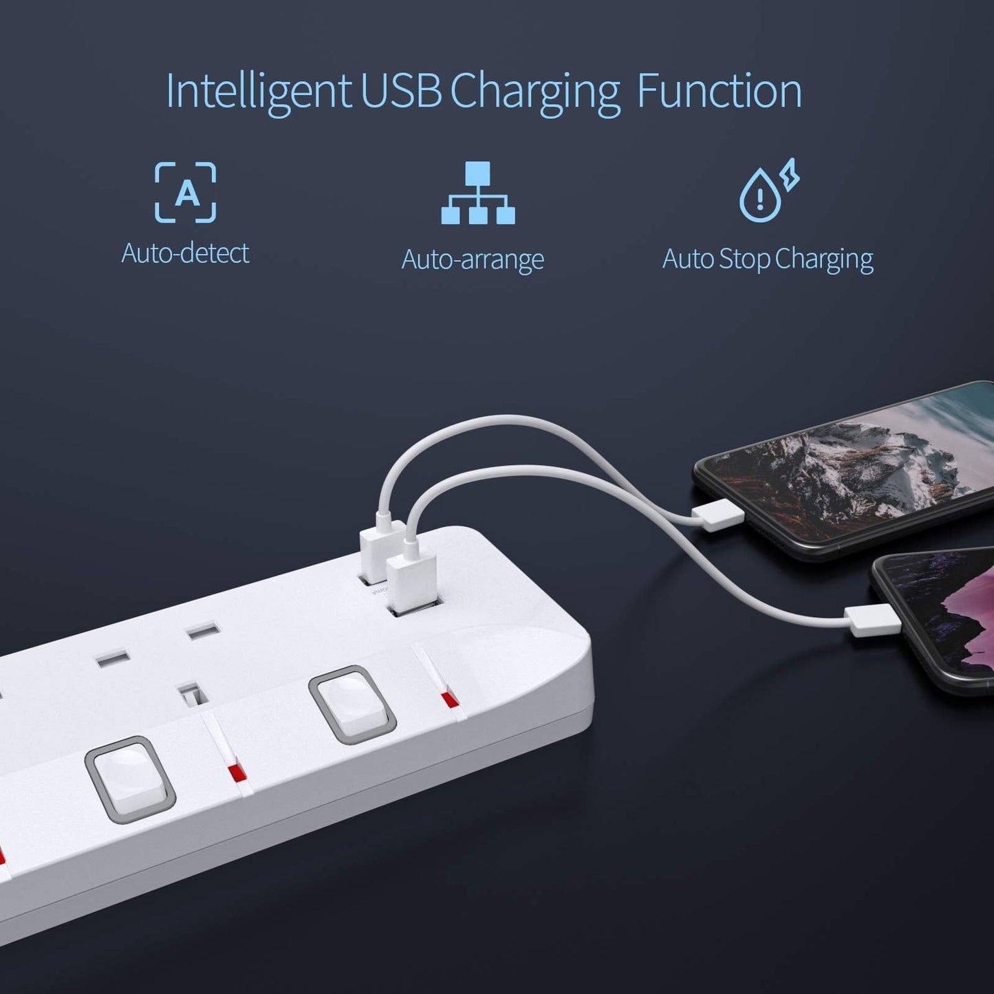 PIBEEX Extension Lead with 4 Way Plug Sockets, Wall Mountable Extension Socket with Individual Switches and 2 USB Charging Ports, 13A 3250W, 2M Extension Cord