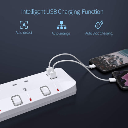 5M Extension Lead with Individual Switches, 13A 4 Way Power Strip 2 USB Lead with USB Slots Multi Plug Socket Extensions 5 Meters Long Extension Cord