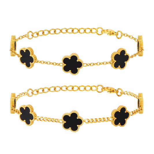 VNOX 2 PCS Floral Bracelets for Men Women -Womens Mens Stainless Steel Gold Cuban Chain Link Bracelet Lucky Charm Four Clover Flower Bracelets Trendy Jewelry Gifts，7