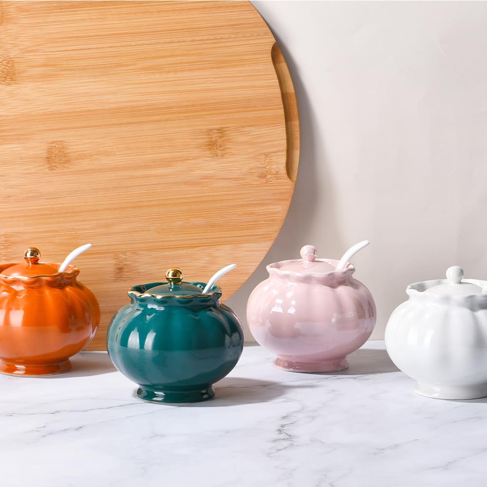 Ursword Iridescent Sugar Bowl with Lid and Spoon, Ceramic Sugar Bowl, 9oz Sugar Jar for Coffee Bar, Salt Box Sugar Containers for Seasoning, Spice, Sauce, Elegant Decor for Kitchen Countertop