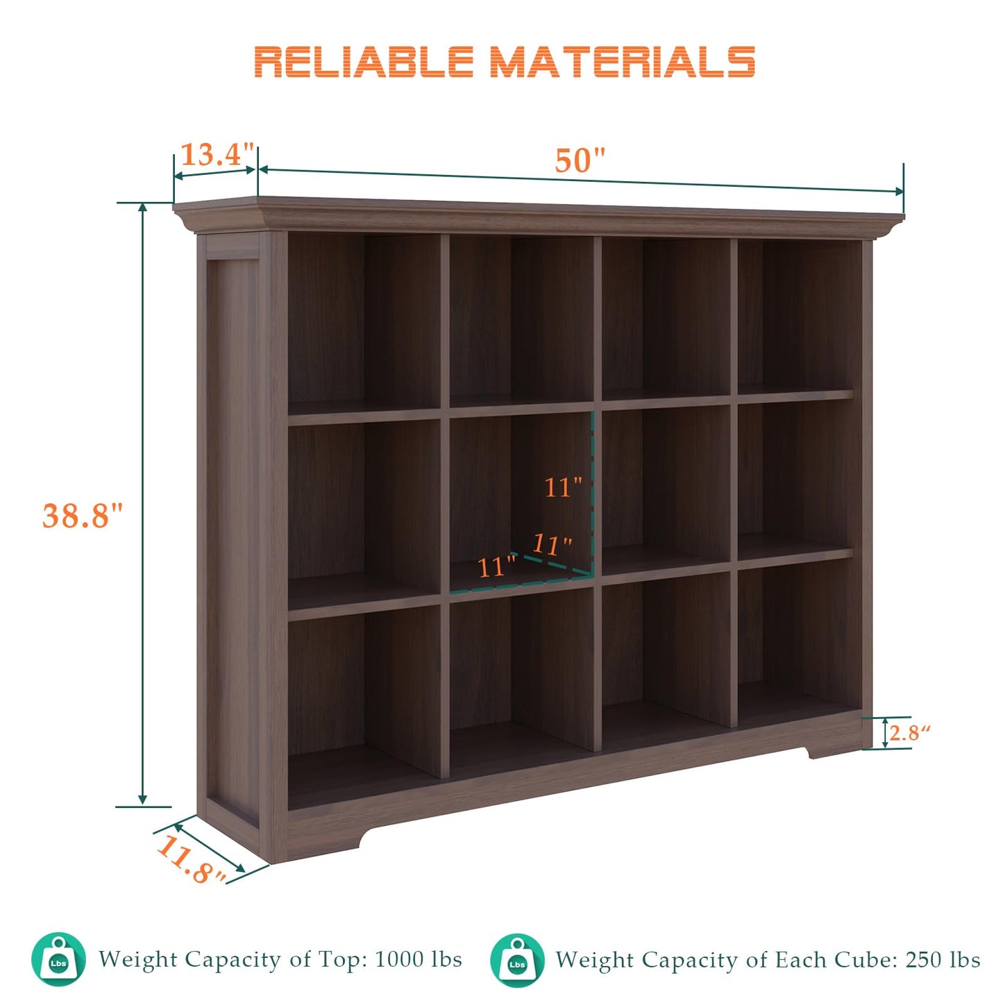 OSCHF Cube Shelf Bookcase with Base - Wooden 3 Tiers Floor Standing Low Storage Cabinet for Home and Office, 12-Cube Lattice Bookshelf, Walnut