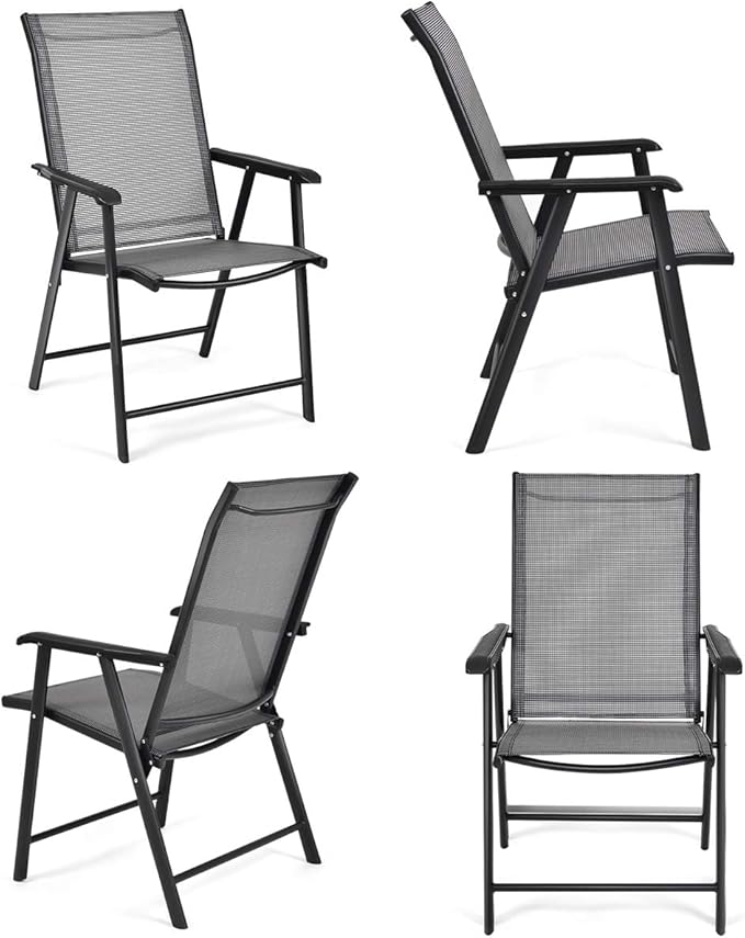 Giantex Set of 4 Folding Patio Chairs, Outdoor Portable Dining Chairs for Garden Camping Poolside Beach Deck Lawn, 4-Pack Sling Armchairs, Metal Frame, Grey