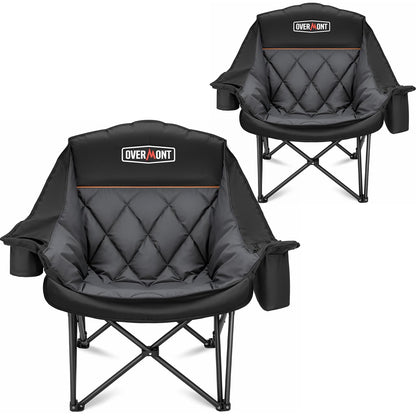 Overmont Oversized XL Camping Chair for Adults - 500lbs Support Heavy-Duty Padded Folding Chair with Side Pocket Cup Holder Cooling Bag for Outdoor Sports Garden Beach Fishing Lawn Black 2pcs