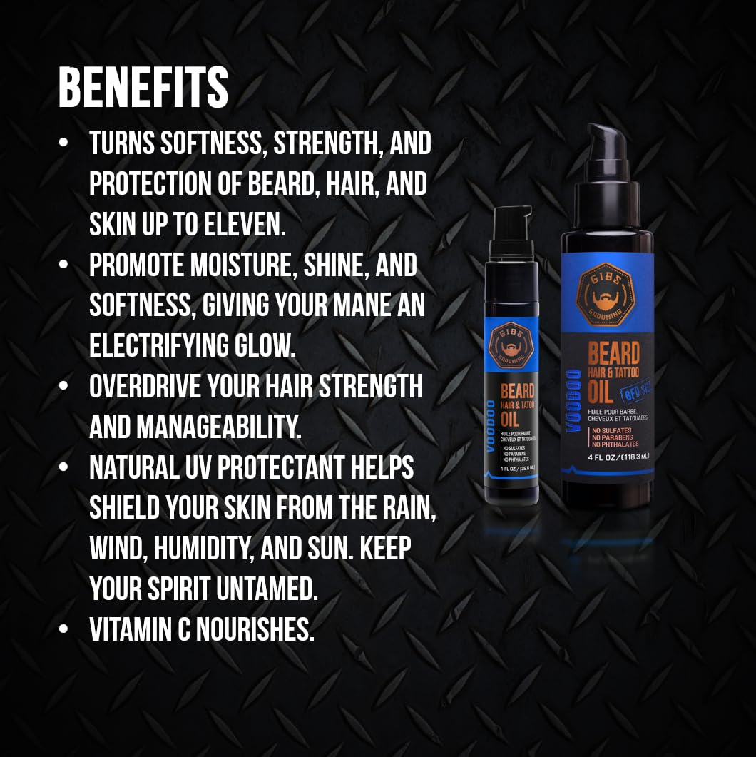 GIBS Beard, Hair & Tattoo Oil - Softens & Strengthens Beard Growth, Moisturizes Skin (4 Scents, 2 Sizes)