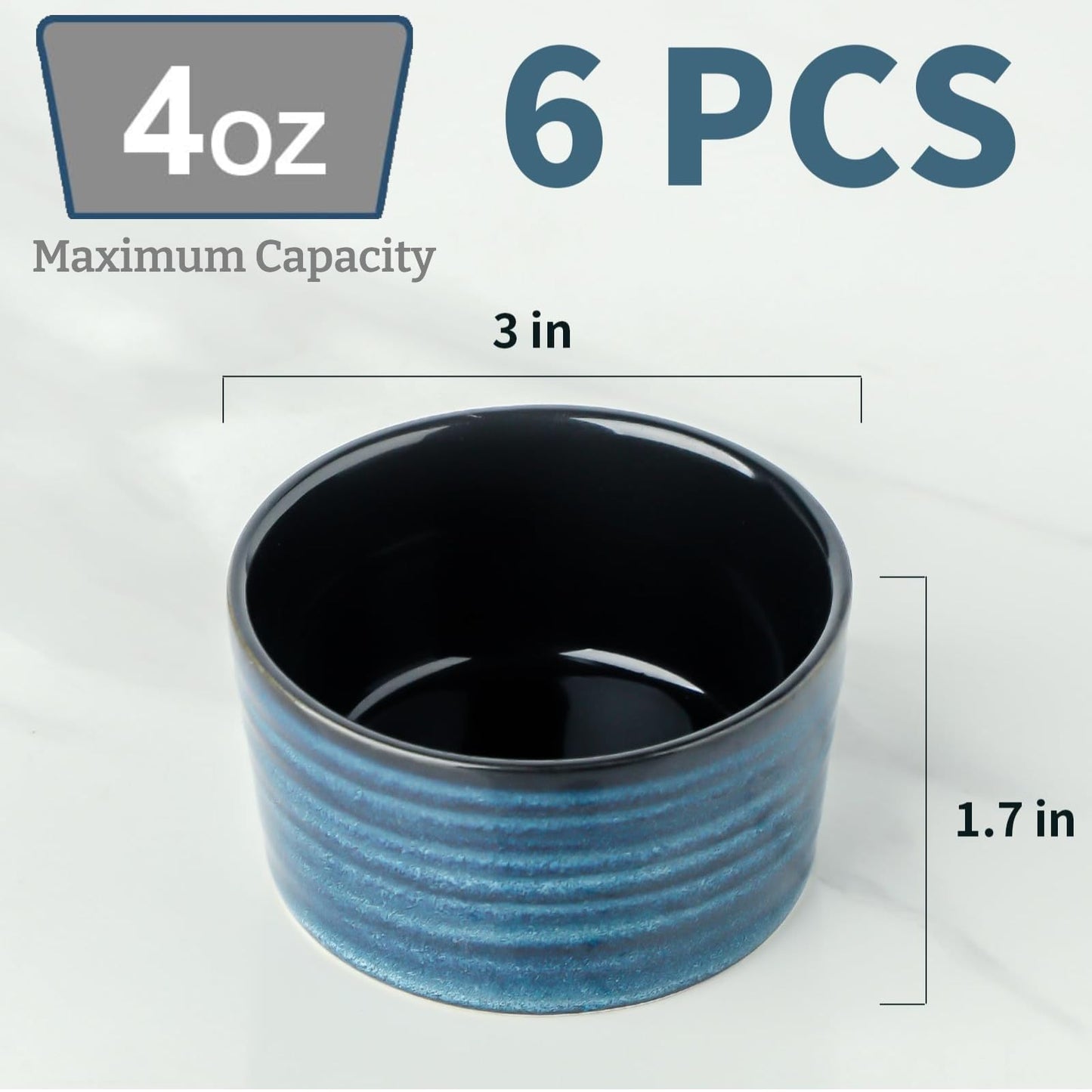 Glowworm Ceramic 4 Oz Ramekins, Dipping Sauce Bowls Set of 6, Creme Brulee Dish for Baking Pudding, Souffle, Serving Dip, Custard, Ice Cream, Oven Safe, Blue