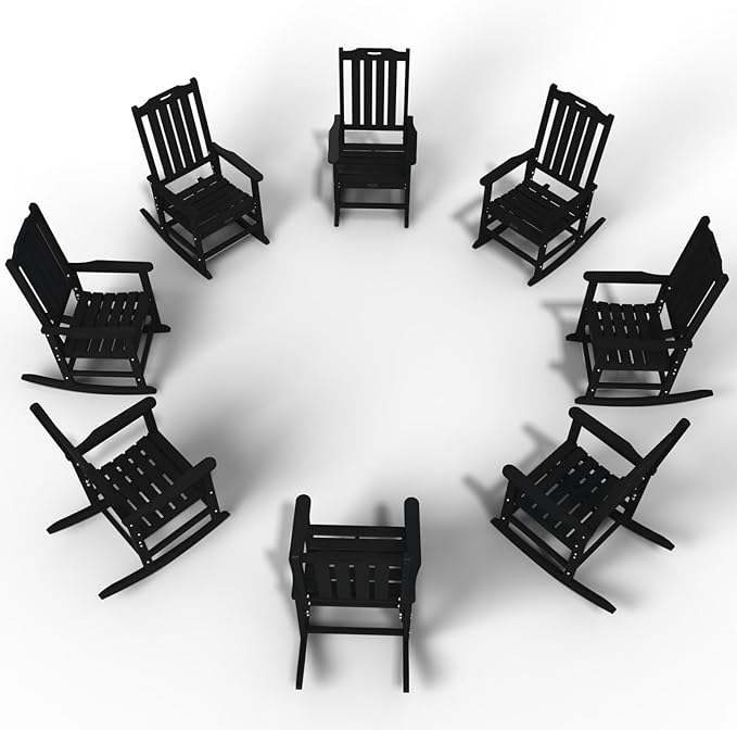 Oversized Rocking Chair Set of 8, Outdoor Rocking Chair for Adults, All Weather Resistant Porch Rocker for Lawn Garden, Black